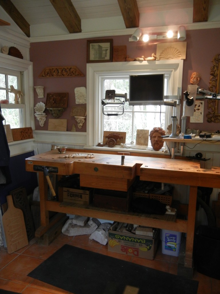 My "original" shop with my wonderful Ulmia workbench. This is where I do most of my carving and filming of videos.