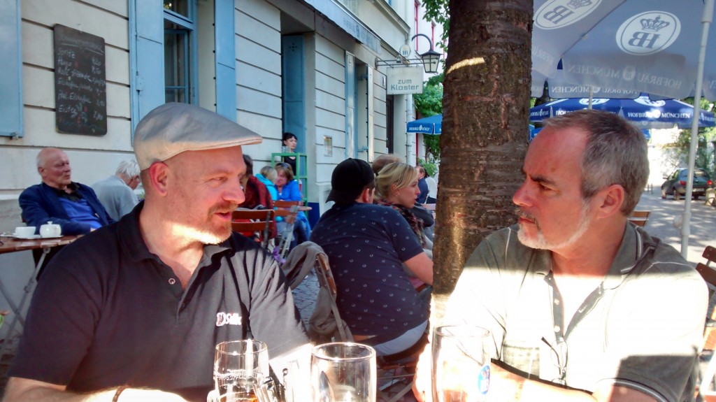 Peter Lanz and my husband, Stephen, looking like they're talking about the deeper things in life over a couple of beers.