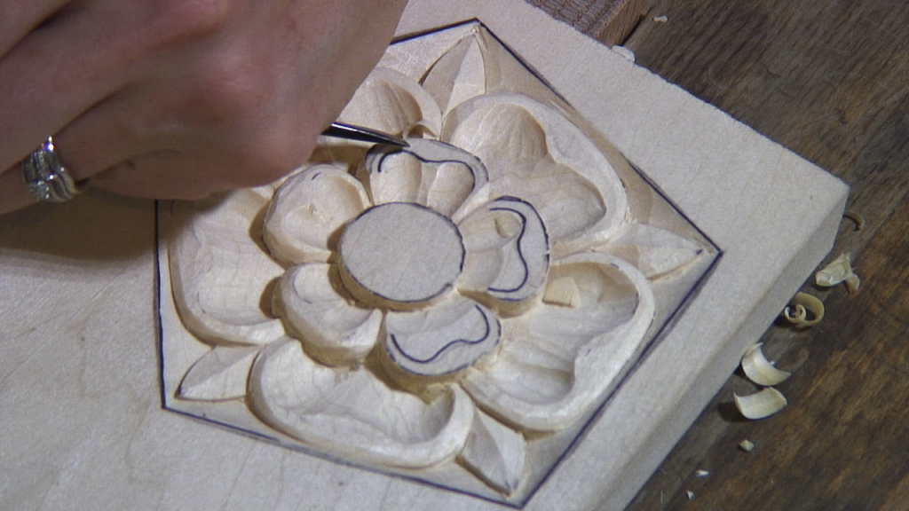 Carving the Tudor Rose - Mary May - Woodcarver