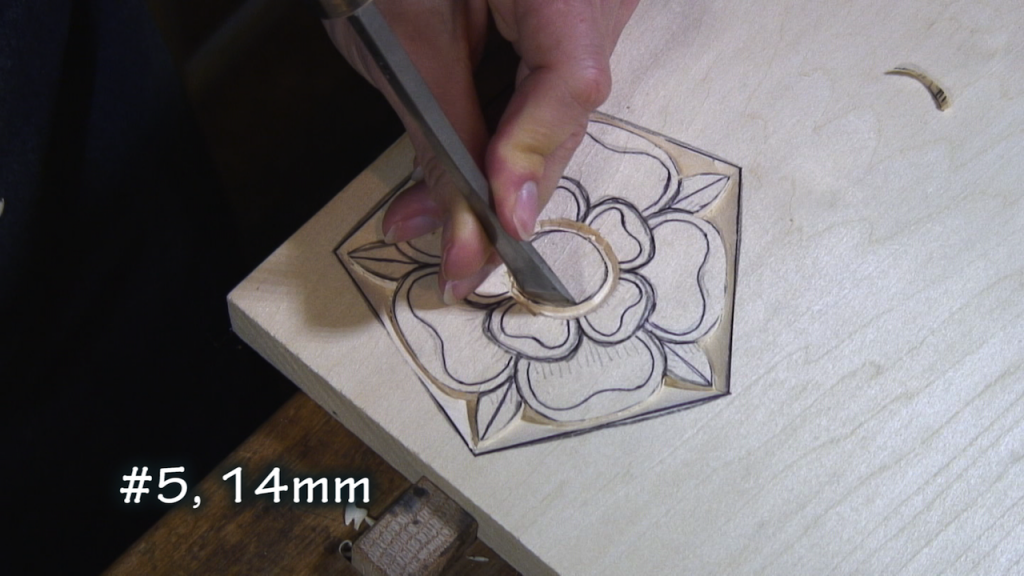 With a #5, 14mm (a smaller #5 will fit better), make a vertical cut to define the inside circle. 