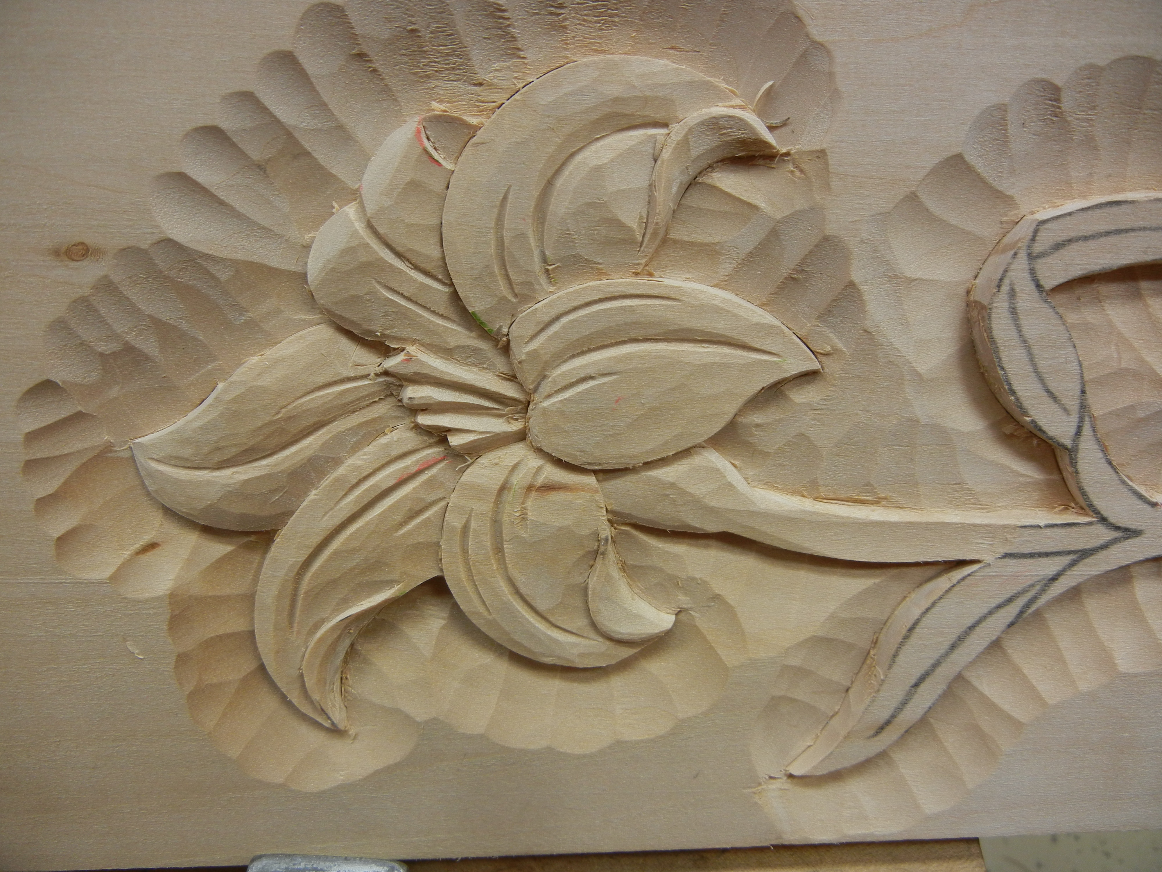 Sunburst Fireplace Carving Finished - Mary May - Woodcarver