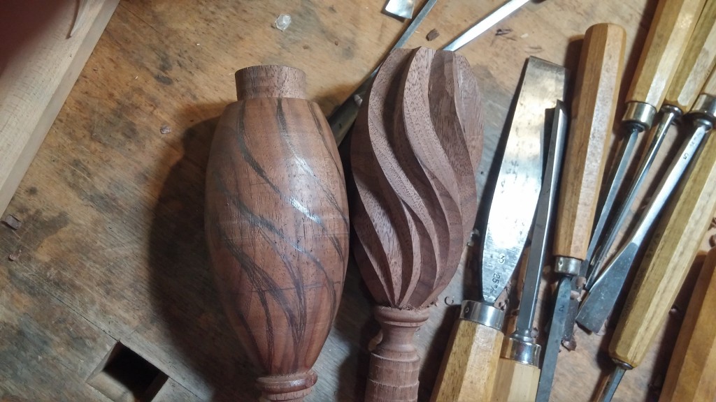 First finished flame finial and second finial with flame lines drawn.