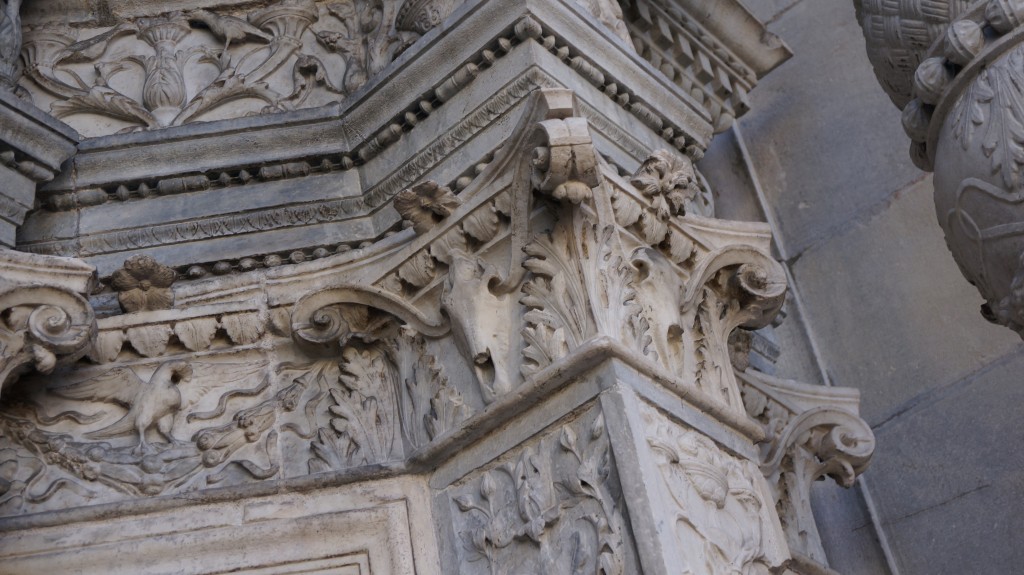 Exterior marble carving Como Cathedral, Lake Como, Italy